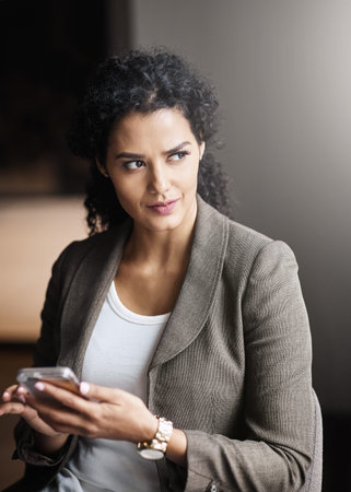Thinking, phone and business woman in office for research, investment choice and planning online....