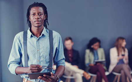 Portrait, hiring and man in waiting room, tablet for online survey and human resources. People,...