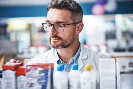 Pharmacist, man and order for drugs, stock management and sorting for medical inventory. Mature...