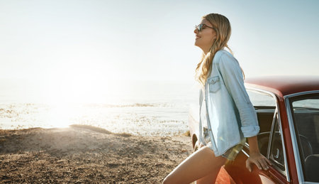 Woman, relax and travel with car, beach and thinking on summer holiday, sunshine or happy in nature....
