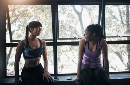 Fitness, smile and people in gym with chat, rest together or sports advice for training. Team, happy...