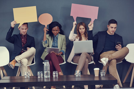 Speech bubble, tech and people in waiting room, line for job interview and social media. Hiring, hr...
