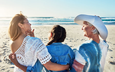 Back of grandmother, mom and child at beach for summer holiday, vacation and bonding outdoor....