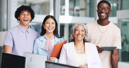Portrait, business people and smile in office for accounting, consultant and coworking with team....