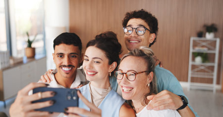 Happy people, friends and selfie with team for photography, picture or memory together in office....
