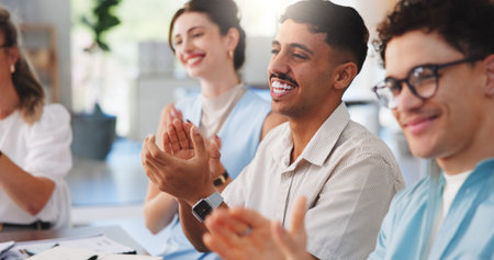Happy people, meeting and presentation with applause for good job, well done or thank you in office....