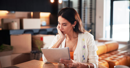 Concern, woman and reading document at new house for property purchase, agreement and hidden fees....