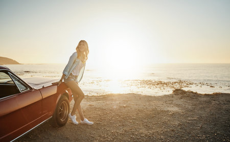 Thinking, beach or woman in car for road trip, cross country drive or sunset for sightseeing...