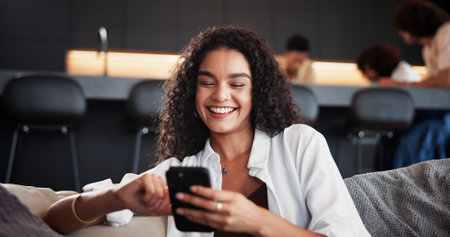 Phone, smile and woman on sofa in home with networking, communication or social media on mobile app....