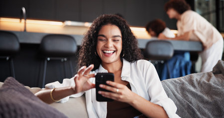 Phone, laughing and woman on sofa in home with networking, communication or social media on mobile...