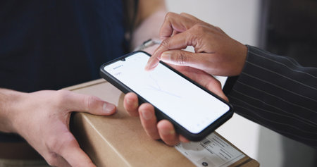 Hands, box or sign for delivery with phone screen for order confirmation, shipment POD or supply...