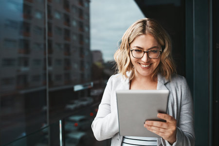 Smile, tablet and business woman on balcony for real estate listing, check email or office review....