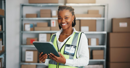 Portrait, tablet or woman with smile for logistics, confidence or supply chain management in...