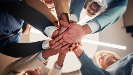 Hand stack, teamwork and business people in office with support, solidarity or collaboration....