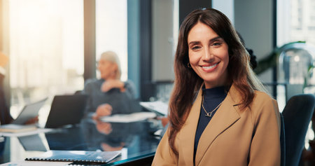 Portrait, smile and business woman in meeting for career experience, about us or investor....
