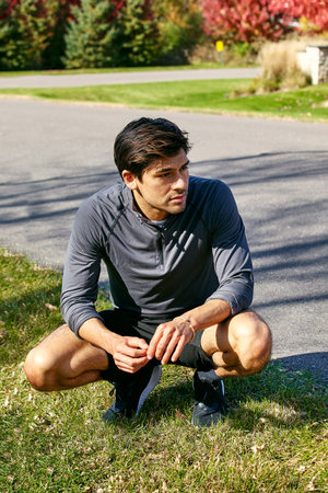 Relax, runner and thinking with man in nature for running practice, workout and health. Exercise,...
