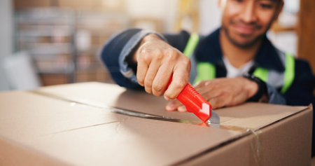 Man, hands and cutting with box for logistics, packaging or freight safety in small business depot. Male person, open or unboxing with parcel or cargo for supply chain, distribution or delivery checkの写真素材