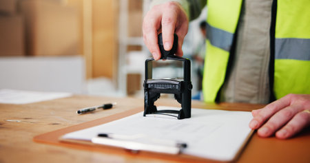 Person, hands or stamp with clipboard in logistics for inventory checklist, validation or delivery....