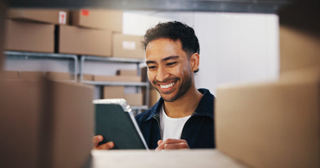 Logistics, man and smile with tablet in storage for inventory management, stock control and...