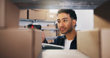 Tablet, scanner and man with boxes for ecommerce, inventory management or product count for...