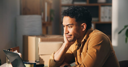 Laptop, logistics and stress with man in office for delivery, distribution or shipping of boxes....