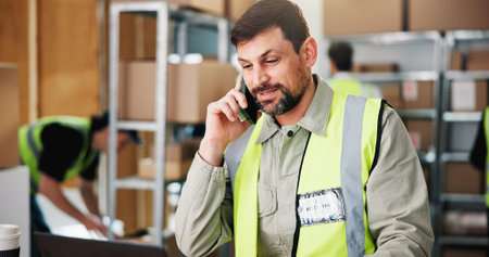 Phone call, logistics or supplier in storage room with laptop, package track or chat on shipping...