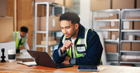 Reading, laptop and man in warehouse, distribution and email for inventory management. Online...