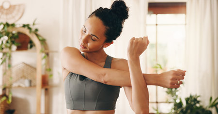 Woman, stretching and pilates for fitness at house with exercise, start training and wellness....