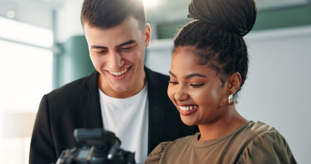 Woman, photographer and camera with model in studio for photoshoot results, catalog and selection....