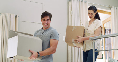 Couple, real estate and boxes for new home, talking and bonding together for property investment....