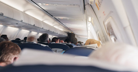 Airplane, cabin and people in row for travel with flying, transportation services or global journey....