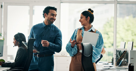 Business, conversation or people in office with smile, performance update or collaboration on work...