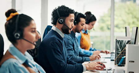 Telemarketing, computer and man in office, help desk and communication with advice. Employees,...