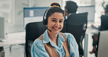 Portrait, contact us and happy woman in call center for help desk, technical support or coworking....