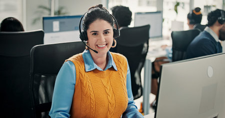 Computer, portrait and happy woman in call center for help desk, technical support or coworking....