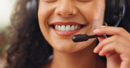 Happy, mouth and mic for telemarketing, hand and discussion with contact for sales and consultation....