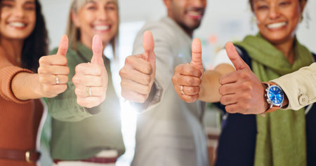 Business, hands and people with thumbs up in office for vacancy success, group vote and approval. HR...
