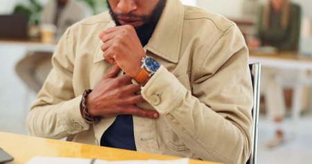 Man, hands and cough with chest pain for allergy, respiratory infection or discomfort in office....