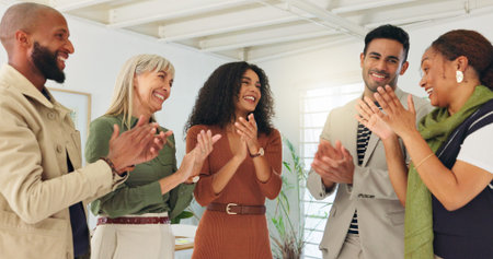 People, team and applause with celebration at startup, support and motivation for goals at office....