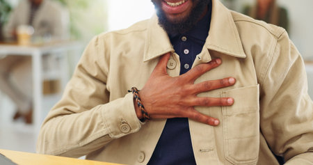 Chest pain, hands and stress with business man in office with heart burn, anxiety attack and...