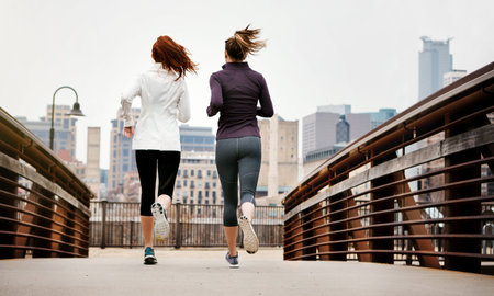 Running, athlete and women in city, fitness and training for wellness, friends and active for sport....
