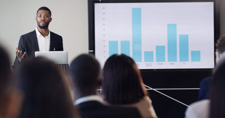 Presentation, audience and man with business people for conference, training and meeting. Corporate...