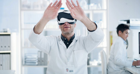 Man, scientist and headset for virtual reality at lab with iot, futuristic medical research or virus...