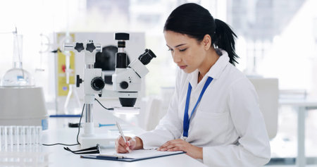 Woman, writing and notes on clipboard at laboratory with progress report, medical research and virus...