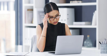 Stress, headache or woman in agency with laptop, work pressure or update mistake in task management....