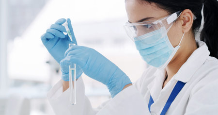 Medical, pipette or scientist in lab with tube, biotechnology or fluid exam in vaccine development....