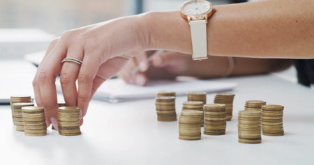 Business, hands or counting with coins for financial planning, asset management or budget in office....