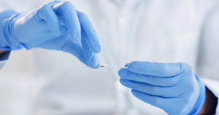 Science, blood sample and hands of person in laboratory for medical research, vaccine formula and...