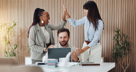 Laptop, team or excited with high five in office for campaign success, results or good news. Digital...