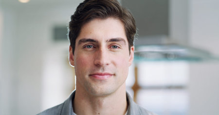 Portrait, man and real estate agent in home with property listing, career development or ambition....